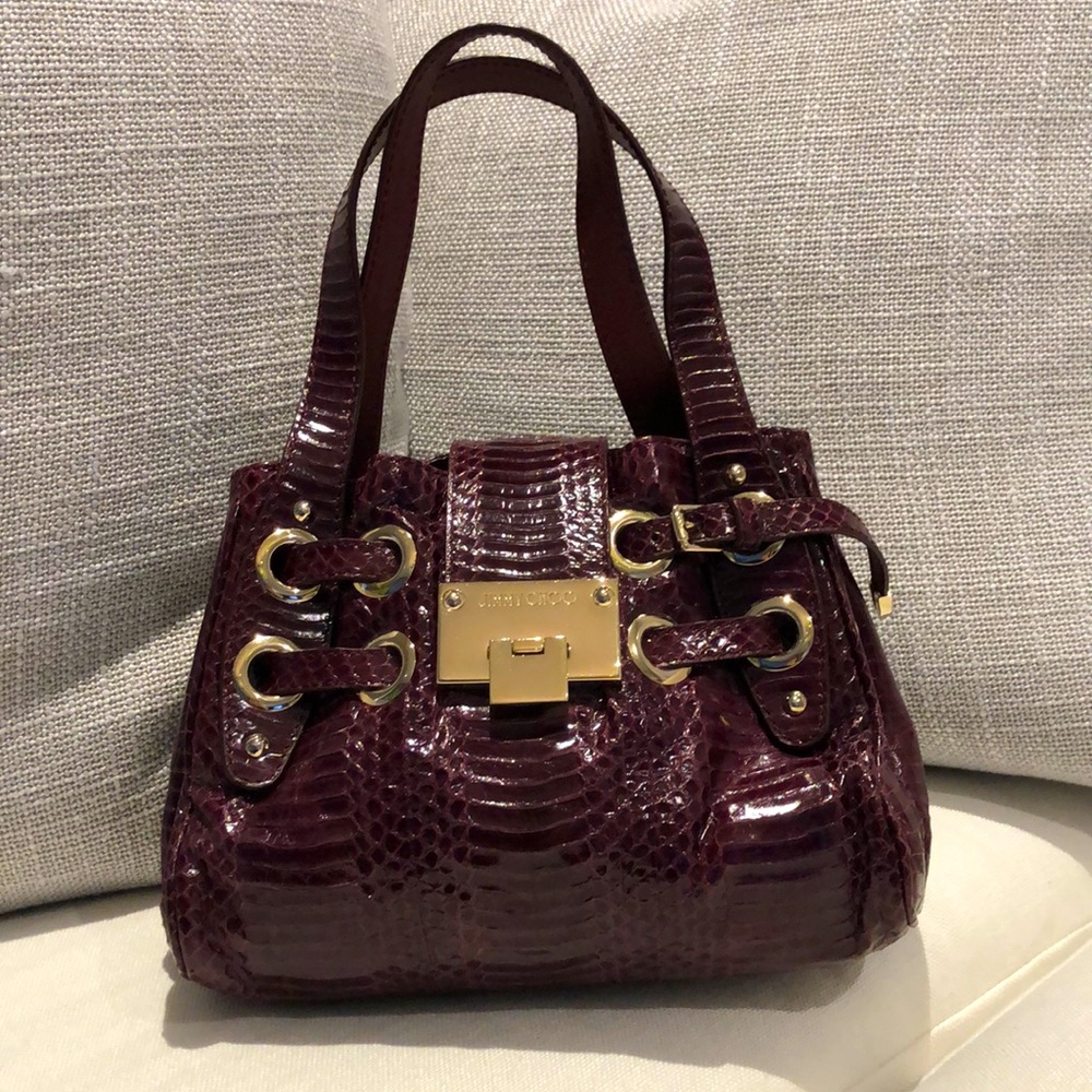 Rare Jimmy Choo Ramona Hobo Gold Burgundy Snakeskin
